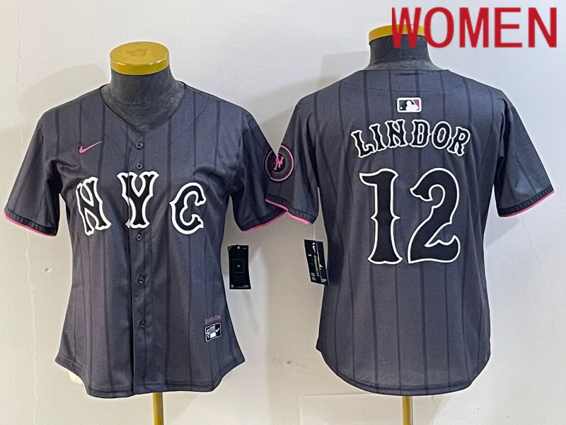 Women New York Mets #12 Lindor Black City Edition 2024 Nike MLB Jersey style 1->->Women Jersey